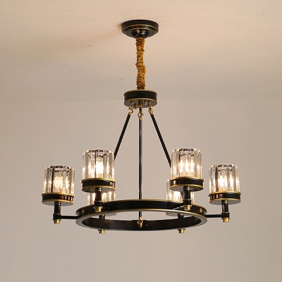 Black Wagon Wheel Chandelier Retro Crystal Prism 6/8-Head Dining Room Ceiling Suspension Lamp