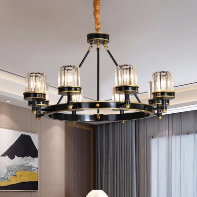 Black Wagon Wheel Chandelier Retro Crystal Prism 6/8-Head Dining Room Ceiling Suspension Lamp