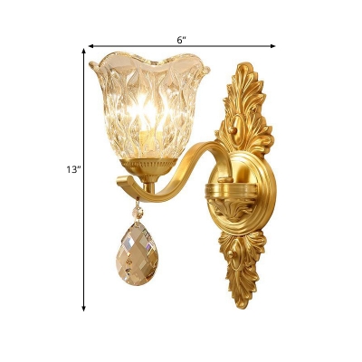 Blossom Living Room Wall Lighting Faceted Glass 1 Bulb Modern Sconce Light Fixture in Brass with Crystal Drop