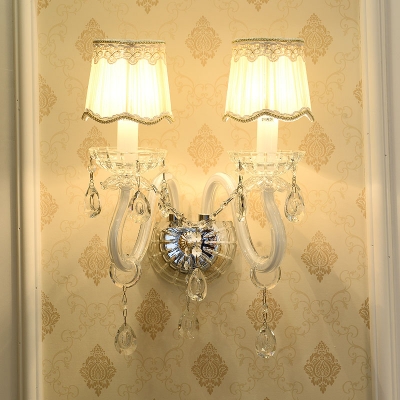 Candle Wall Lighting Contemporary Clear Crystal 1/2-Light Flush Mount Wall Sconce in White with Scalloped Shade