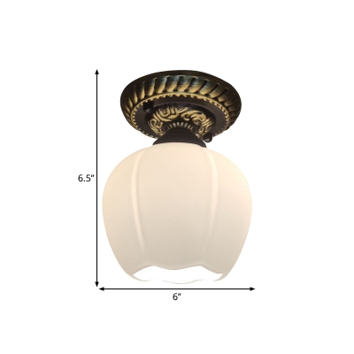 Classic Bud Flush Mount Light 1-Head Opal White Glass Close to Ceiling Lamp in Brown