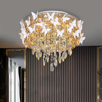 Clear/Amber Crystal Drum Ceiling Lamp Modern Stylish Bedroom LED Flushmount with Drapes and Butterfly, Warm/White Light