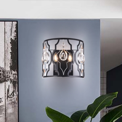 Contemporary Candle Wall Lighting Crystal 2 Heads Surface Wall Sconce in Black with Cylinder Frame
