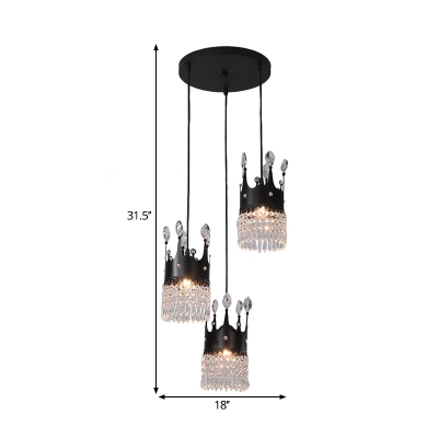 Crystal Crown Multi Pendant Modern 3 Heads Hanging Ceiling Light in Black for Restaurant, Round/Linear Canopy