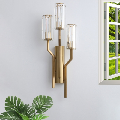 Cylindrical Translucent Crystal Sconce Light Modern 3 Bulbs Gold Wall Mounted Light Fixture for Corridor