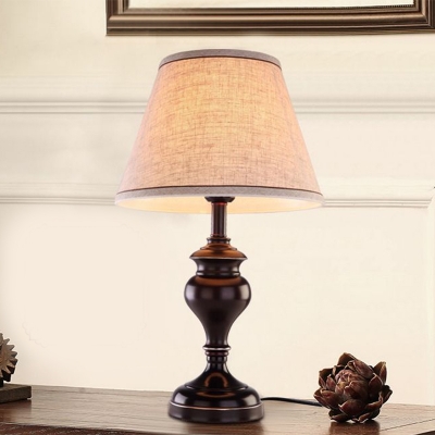 Fabric Cone Night Light Colonial LED Bedroom Small Desk Lamp in Brown with Beige Shade