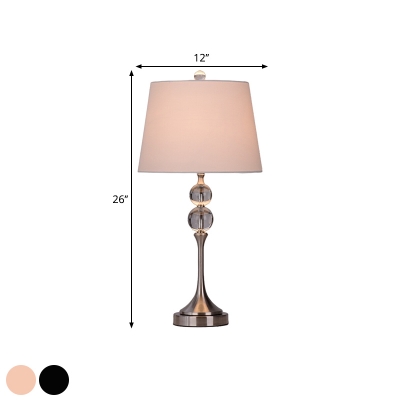 Fabric Tapered Drum Night Lamp Country 1-Light Bedroom K9 Crystal Table Lighting in Black/Beige