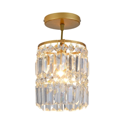 Faceted Crystals Cylinder Semi Flush Light Modern 1 Head Close to Lighting Fixture in Gold for Doorway