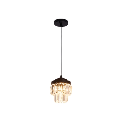 Faceted Glass Double-Layered Suspension Light Modern 1 Bulb Ceiling Hang Fixture in Black/Gold