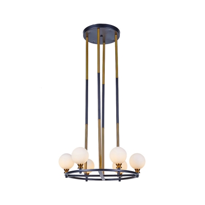 Globe Pendant Lighting Post Modern Frosted White Glass 6/8 Heads Black-Gold Ring Chandelier Lamp