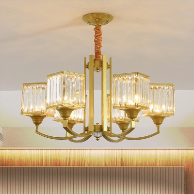 Gold Cubic Shade Chandelier Lighting Contemporary 3/6-Head Clear Crystal Hanging Ceiling Light