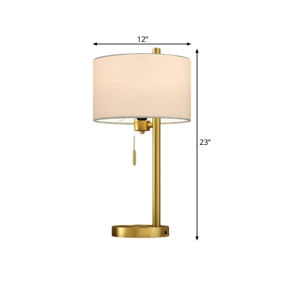 Gold Drum Reading Book Light Colonial Fabric LED Bedroom Night Lamp with On/Off Pull Chain