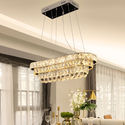 Inlaid Crystal Clear Island Pendant Tiered Oblong Modernist LED Hanging Lamp in Chrome over Table