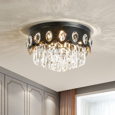 Layered Crystal Rod Black Flush Light Drum Shaped 7-Bulb Contemporary Close to Ceiling Lamp