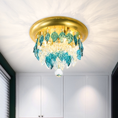 Leaf Corridor Ceiling Flush Mount Modernist Clear/Lake Blue Crystal 4 Bulbs Brass Flush Mount Lighting Fixture