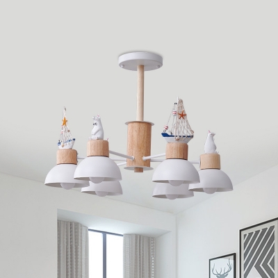 Minimalism Dome Chandelier Lamp Metallic 6 Bulbs Ceiling Lighting with Bear and Ship Deco in Black/White