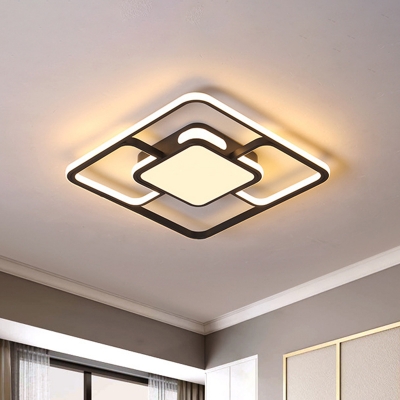 Minimalist Square Frame Ceiling Flush Metallic LED Bedroom Flush Mount Light in White and Black, White/Warm Light