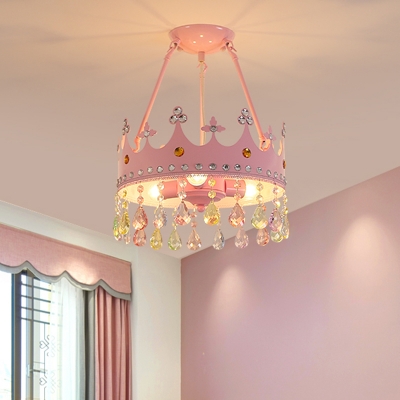 Pink Crown Semi Flush Mount Chandelier Macaron Crystal Teardrops 3/5-Bulb Girls Room Ceiling Light, 12