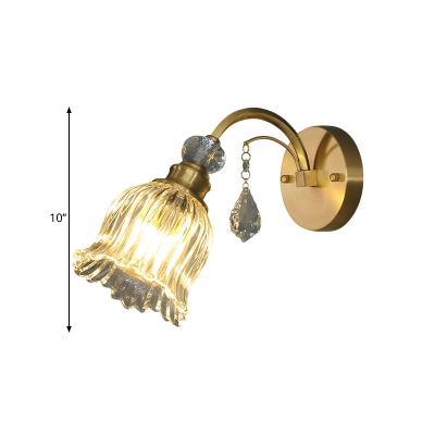 Prismatic Glass Lotus Wall Light Classic 1 Bulb Bedside Wall Mounted Lighting in Brass with Crystal Drop