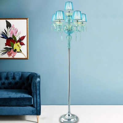 Rustic Conic Floor Reading Lamp 5/6/7-Head Fabric Standing Lamp in Blue with Crystal Drops