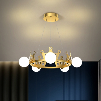 Spherical Opal Glass Ceiling Lamp Nordic 5/8 Lights Gold Hanging Chandelier with Crown Design