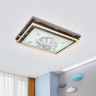 Tempered Glass LED Flushmount Modern Stainless Steel Rectangle Family Room Ceiling Light with Crystal Accent