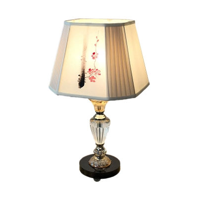 Trapezoid Night Table Light Modernist Plum Blossom Patterned Fabric 1 Light Beige Desk Lamp with Clear Crystal Base