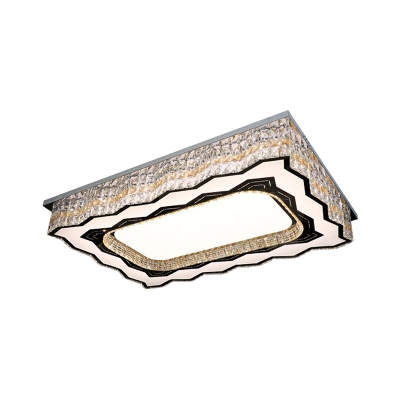 Wavy-Trim Rectangle LED Flush Light Contemporary Nickel Crystal Close to Ceiling Light Fixture