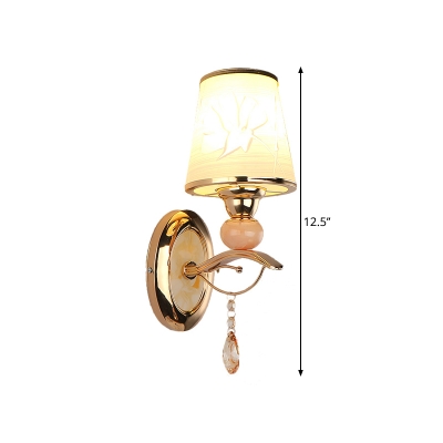 1/2-Head Frosted White Glass Wall Light Modern Gold Tapered Bedside Wall Sconce Lighting Fixture