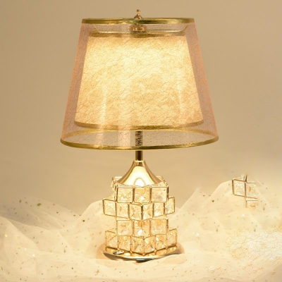 1 Bulb Night Lighting Classic Dual Cone Fabric Nightstand Lamp with Gold/Silver Crystal Cube Base