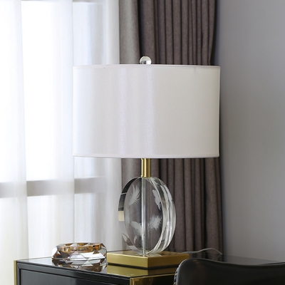 1-Head Night Stand Lighting Classic Bedside Table Light with Round Fabric Shade in White