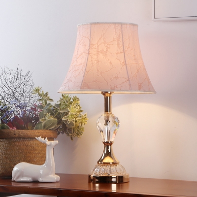 1 Light Paneled Bell Nightstand Light Countryside Beige/Green/Pink Fabric Night Table Lamp with Crystal Urn Base