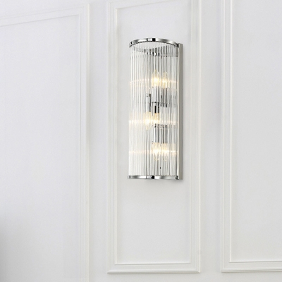 3-Bulb Clear Crystal Rods Flush Mount Modern Chrome Cylindrical Living Room Wall Light Sconce