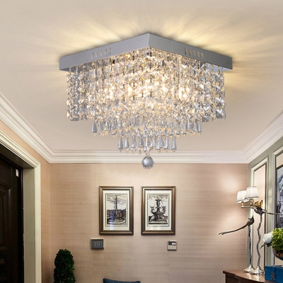 2/4 Bulbs Square Tiers Flush Mount Modern Style Clear Crystal Drapes Close to Ceiling Light, 10