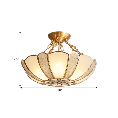 4 Heads Bowl Close to Ceiling Lamp Vintage Style Brass Frosted Glass Semi Flush Mount