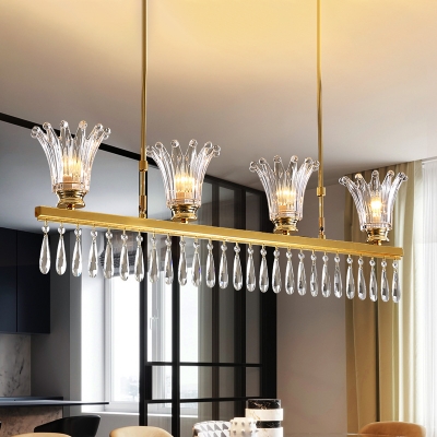 4 Heads Flower Island Light Postmodern Gold Crystal Hanging Pendant with Fringe for Dining Room