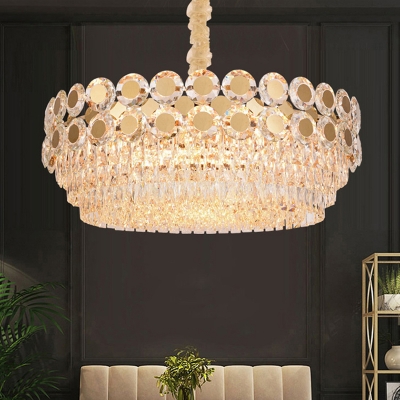 9/15 Bulbs Clear Crystal Chandelier Contemporary Gold Tiered Round Dining Room Drop Lamp, 19.5