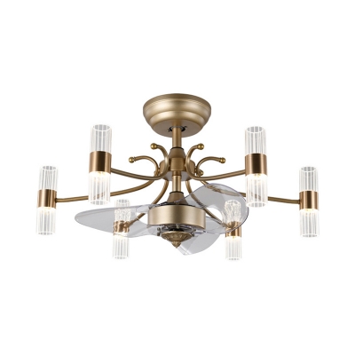 Antiqued Tube Hanging Fan Light Acrylic 6-Head Living Room Semi Flush in Gold with 3 Clear Blades, 27.5