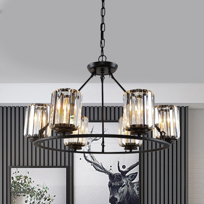 Black Wheel Chandelier Modern Crystal Cylinder 6/8-Head Dining Room Pendant Ceiling Lamp