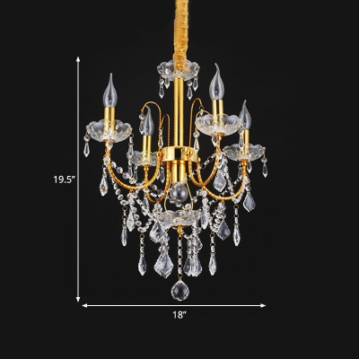 Candle Flame Pendant Lighting Modern Clear Crystal 5/7/9 Heads Dining Room Chandelier Light in Gold with Bobeche