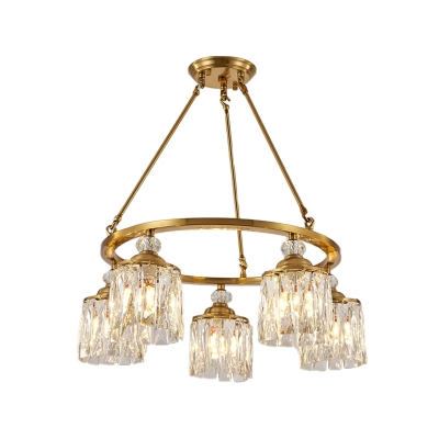 Clear Crystal Cylinder Drop Pendant Classic 5-Head Sitting Room Ring Chandelier Light Fixture in Gold
