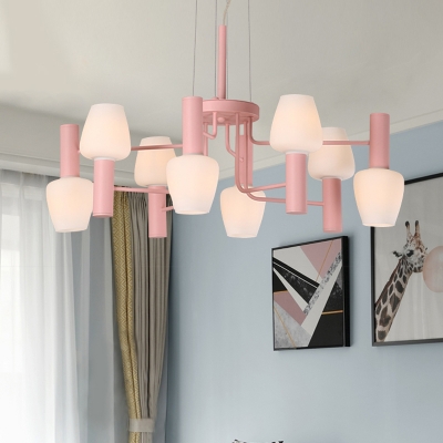 Cone Chandelier Lighting Macaron Frosted Glass 8 Bulbs Parlor Ceiling Pendant with Radial Design in Grey/Pink/Yellow