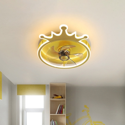 Crown Kids Bedroom 5-Blade Semi Flush Metallic LED Cartoon Hanging Fan Lamp Fixture in Gold, 16