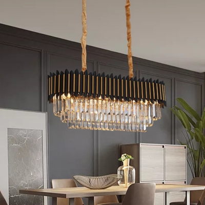 Crystal Block Layered Island Light Fixture Contemporary 8-Head Suspension Lighting in Black and Gold