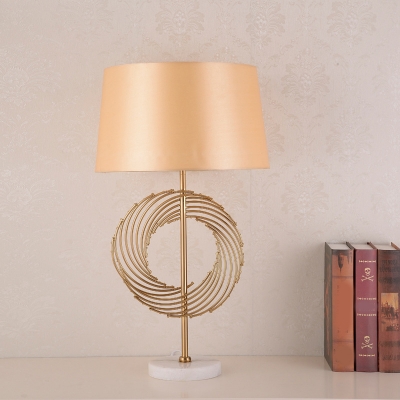 Drum Fabric Reading Book Light Colonial LED Study Room Table Lamp in Gold with Marble Base