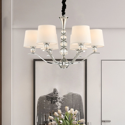 Fabric White Suspension Light Tapered Shade 6/8 Bulbs Minimalist Chandelier with Crystal Accent, 26.5