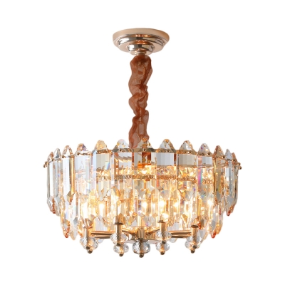 Gold Drum-Shaped Pendant Chandelier Modern Style Crystal Block 8-Lights Down Lighting for Dining Room