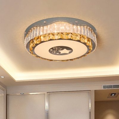 LED Crystal Flush Mount Lamp Modern Stainless Steel Drum Bedroom Close to Ceiling Light