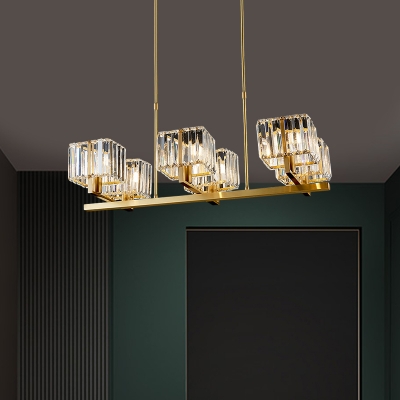Linear Crystal Cuboid Island Lamp Postmodernist 6-Bulb Dining Table Suspension Lighting in Gold