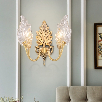 Maple Leaf Clear Glass Wall Light Kit Traditional 1/2-Bulb Dining Room Wall Sconce Lighting in Brass